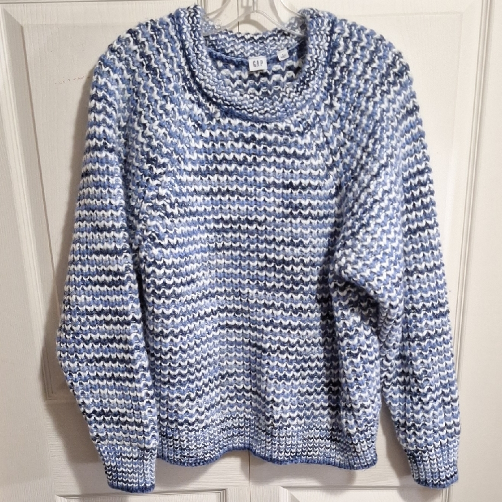 GAP Chunky Knit Wool Blend Cozy Blue/White Crew Neck Sweater-L